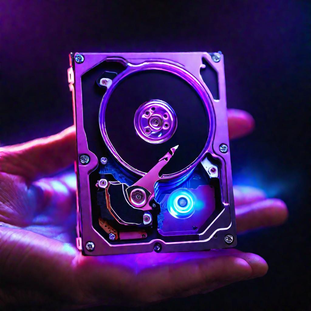 Жесткий диск в руке с выходящим фиолетовым сиянием виртуального диска