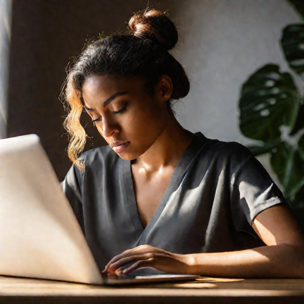 Девушка сосредоточенно смотрит в экран ноутбука