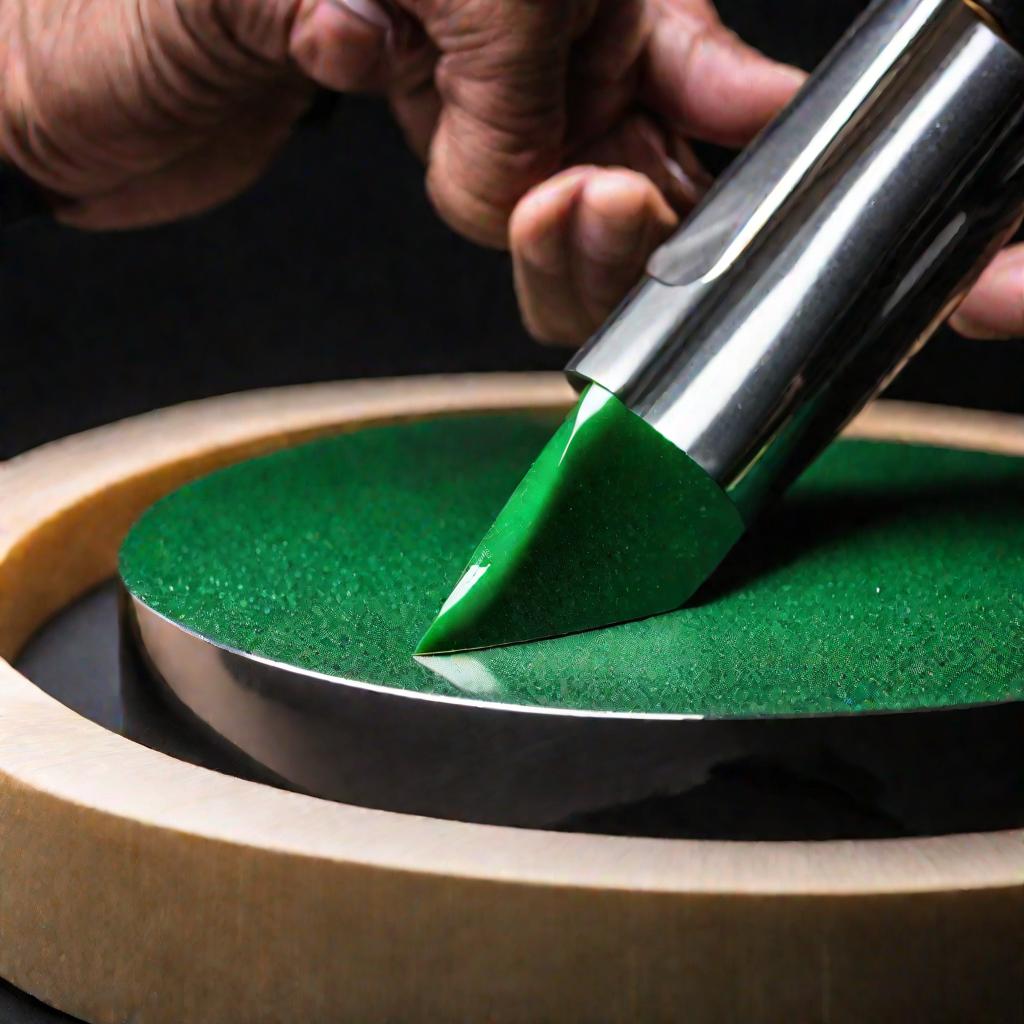 Рука полирует лезвие ножа с помощью полировального круга, пропитанного зеленой пастой.