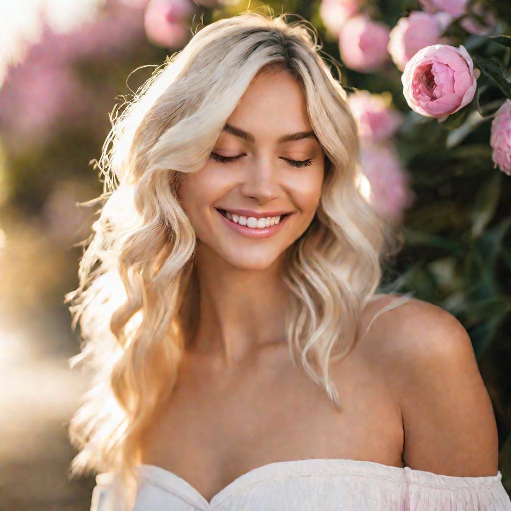Портрет улыбающейся блондинки с розовым цветком в волосах