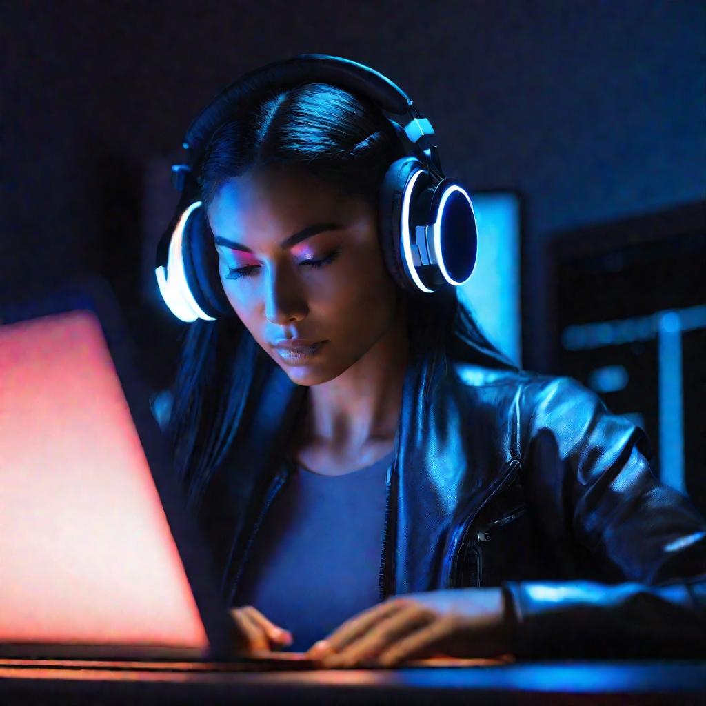 Девушка работает за ноутбуком в наушниках с голубой подсветкой в темной комнате