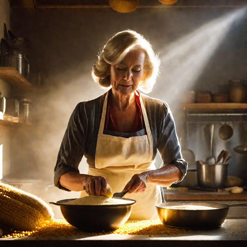 Женщина готовит тесто с кукурузной мукой