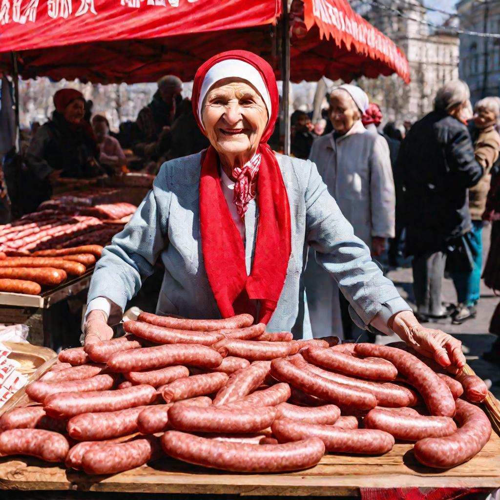 Продавец колбасы на рынке