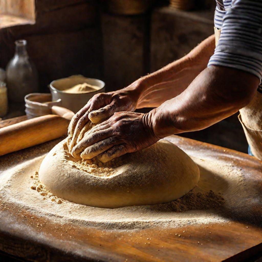 Руки пекаря, замешивающие песочное тесто