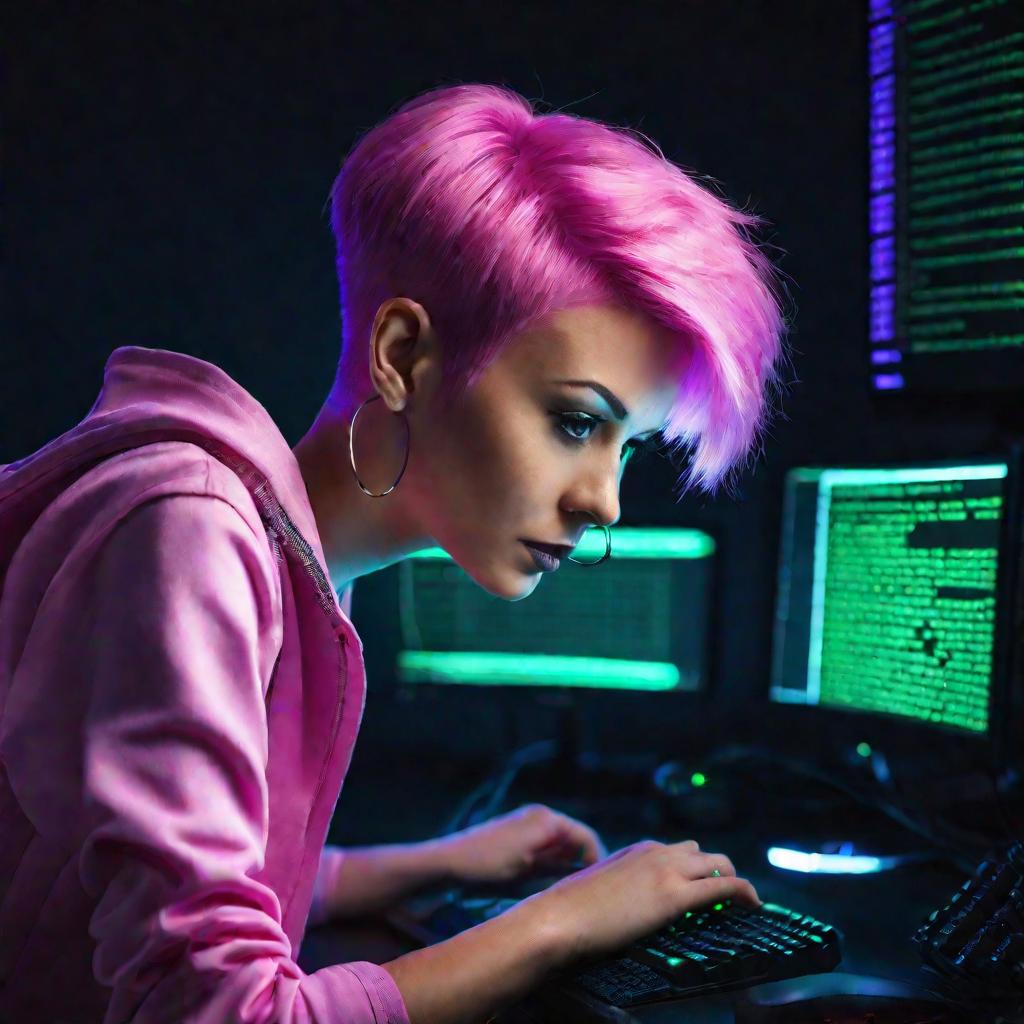 Портрет хакерши за компьютером
