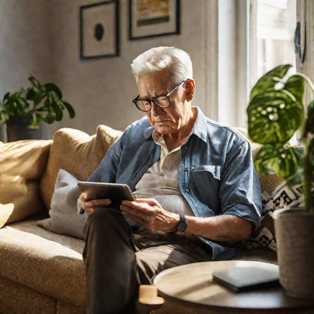 Пожилой мужчина сидит на диване днем с планшетом, щурится, читая мелкий текст на экране