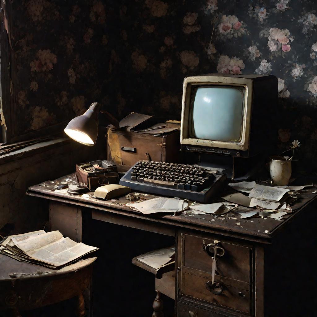 Старая письменный стол в темной комнате с включенным компьютером, на экране страница удаления аккаунта