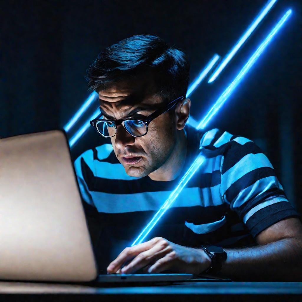 Портрет человека, смотрящего на полосатый экран ноутбука