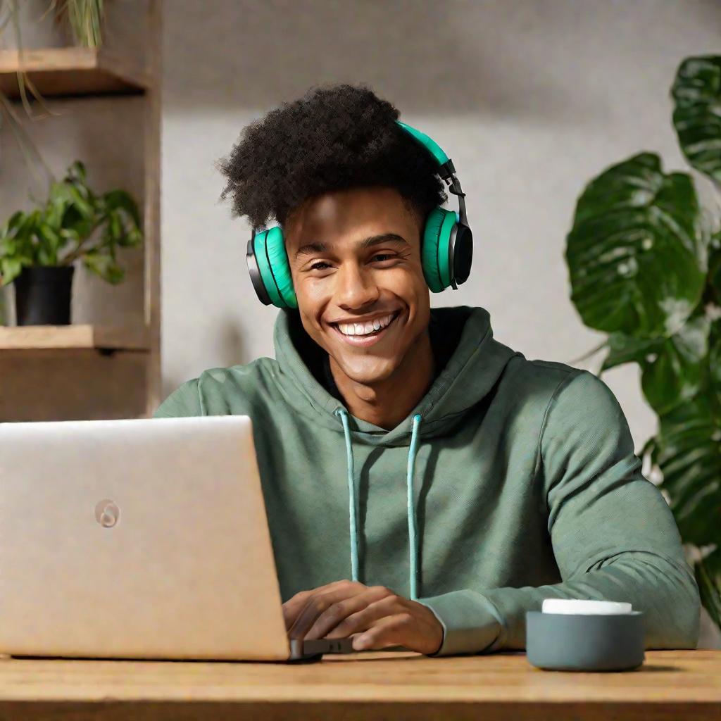 Портрет молодого человека, улыбающегося, глядя на экран ноутбука со Skype, готового к видеозвонку.