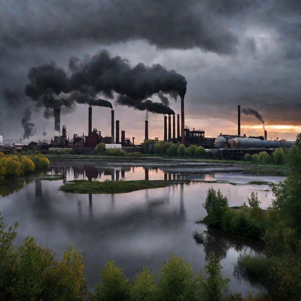Жуткий вид на большой промышленный город с десятками труб, выбрасывающих токсичные химические отходы в некогда чистую реку, теперь серую и мутную, под хмурым пасмурным небом на закате.