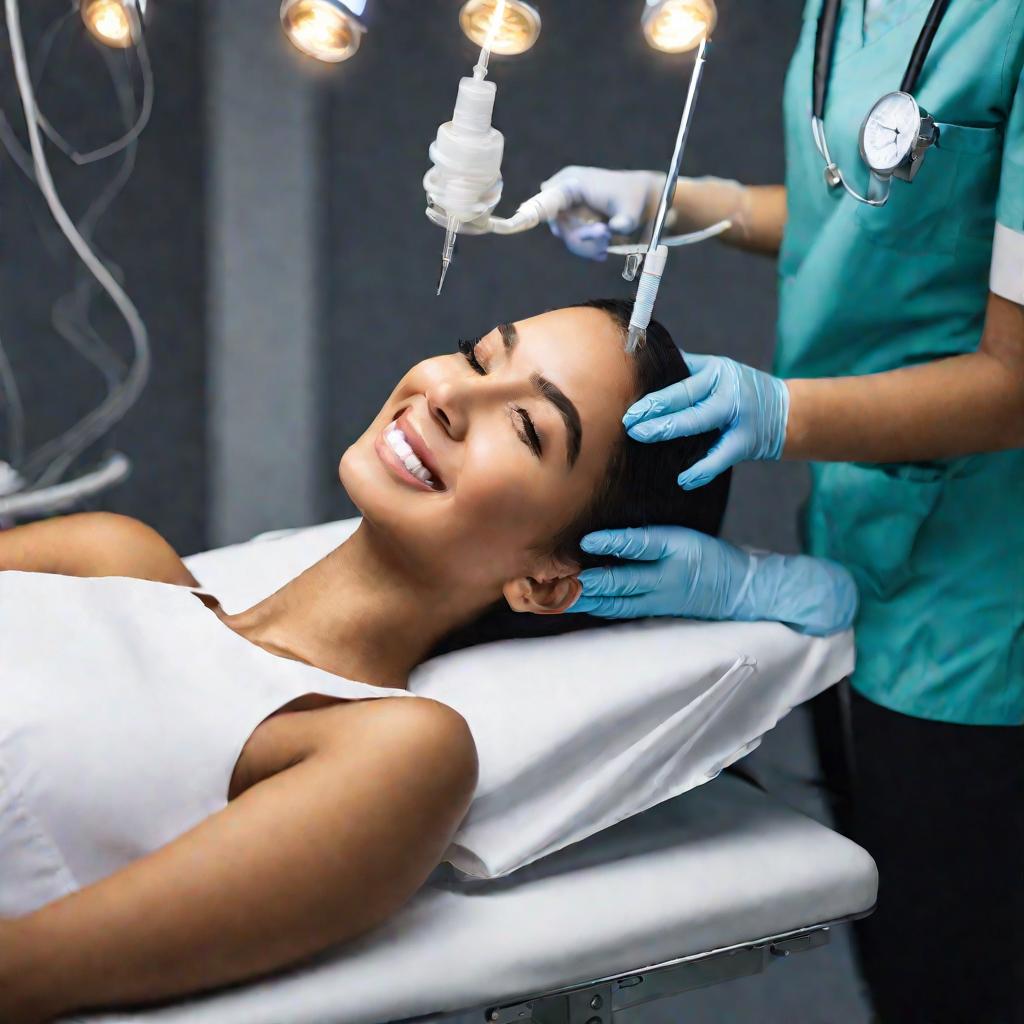 Молодая женщина расслабленно лежит на медицинской кушетке, мягко улыбаясь, в то время как медсестра делает ей инъекцию озона в руку под ярким светом клинического освещения.