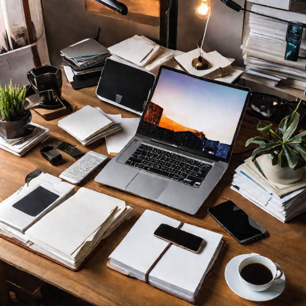 Рабочий стол с ноутбуком и бумагами, где нужно скрыть личную информацию