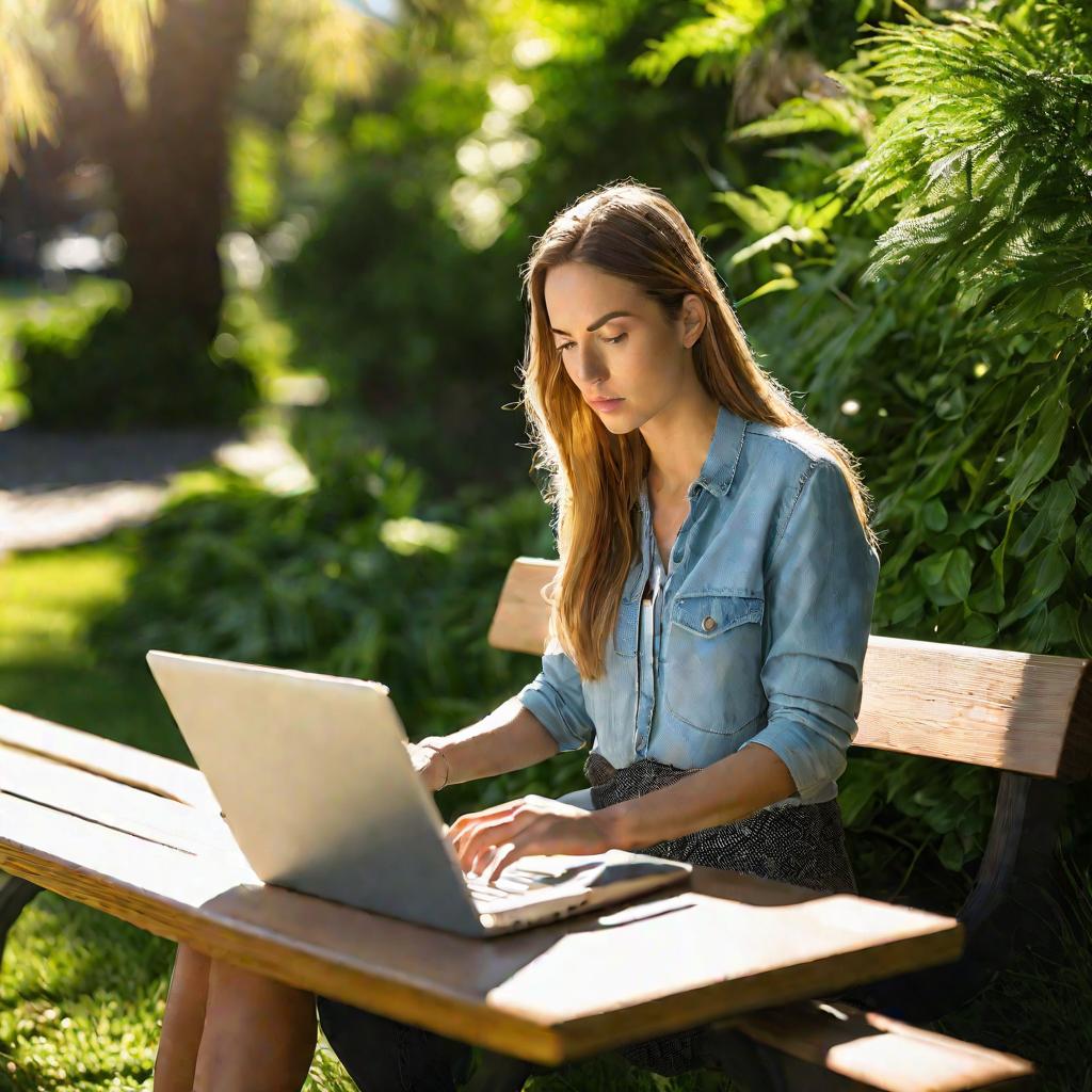 Девушка, скрывающая папки на ноутбуке, сидя в парке