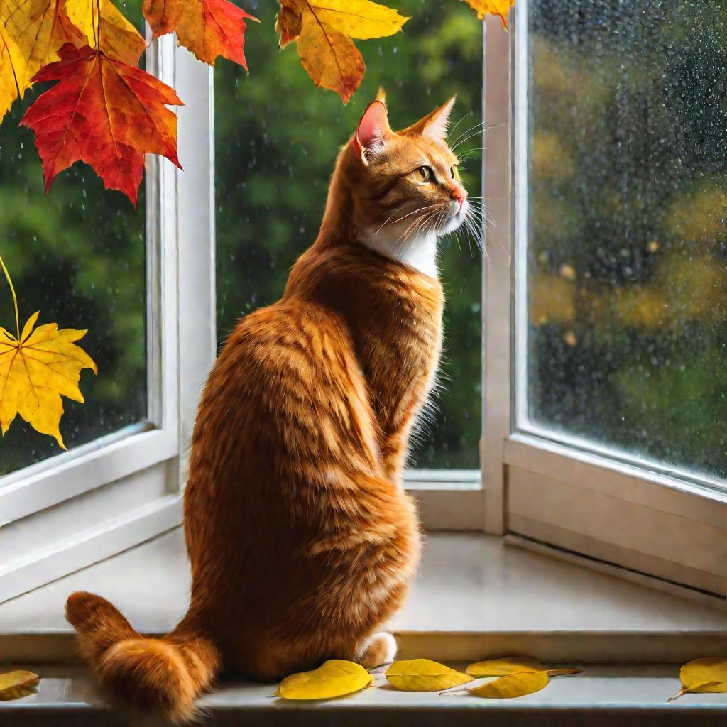 Рыжий кот смотрит в окно