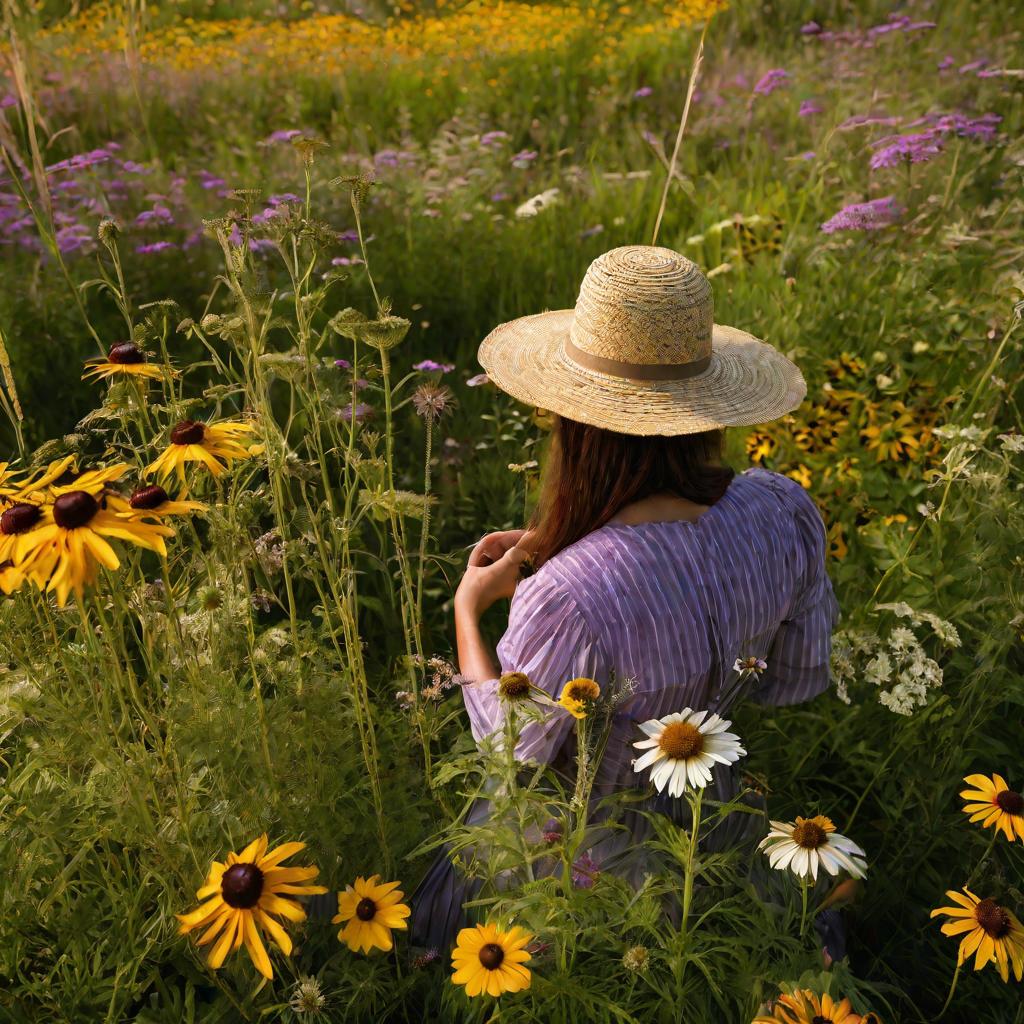 Луг с разнообразными цветами летом, женщина в соломенной шляпе собирает растения для травяных средств