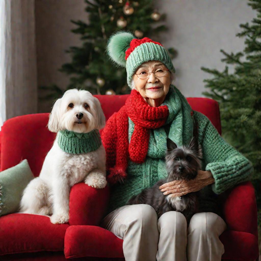 Пожилая женщина с собакой в вязанных шапочках и свитерах