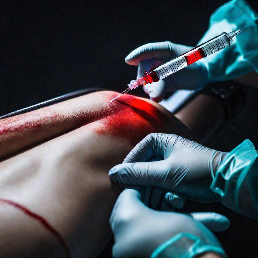 Детальный вид рук врача в перчатках, забирающего кровь из вены шприцом