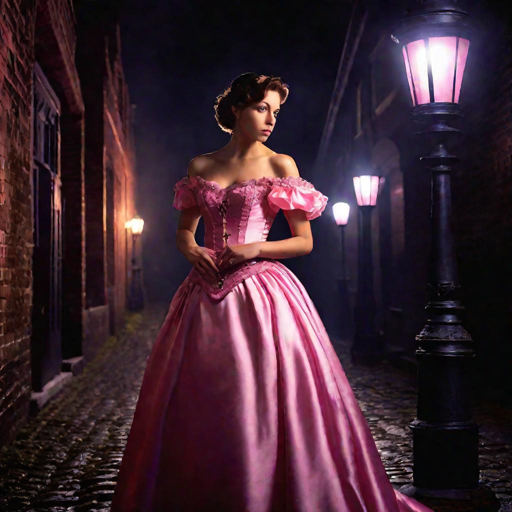 Девушка викторианской эпохи в розовом платье с корсетом на ночной улице.