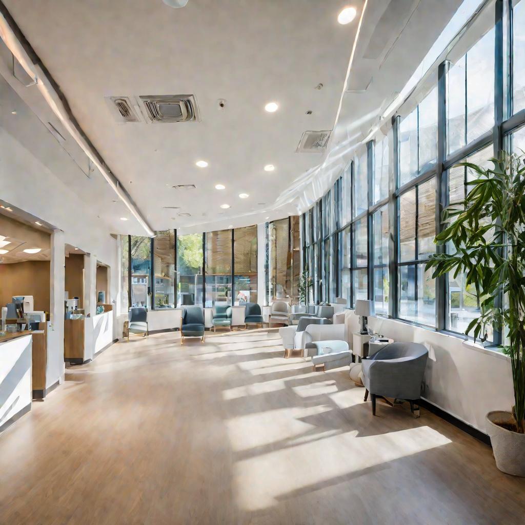 Вид сверху на современную просторную клинику физиотерапии с большими окнами и передовым медоборудованием.