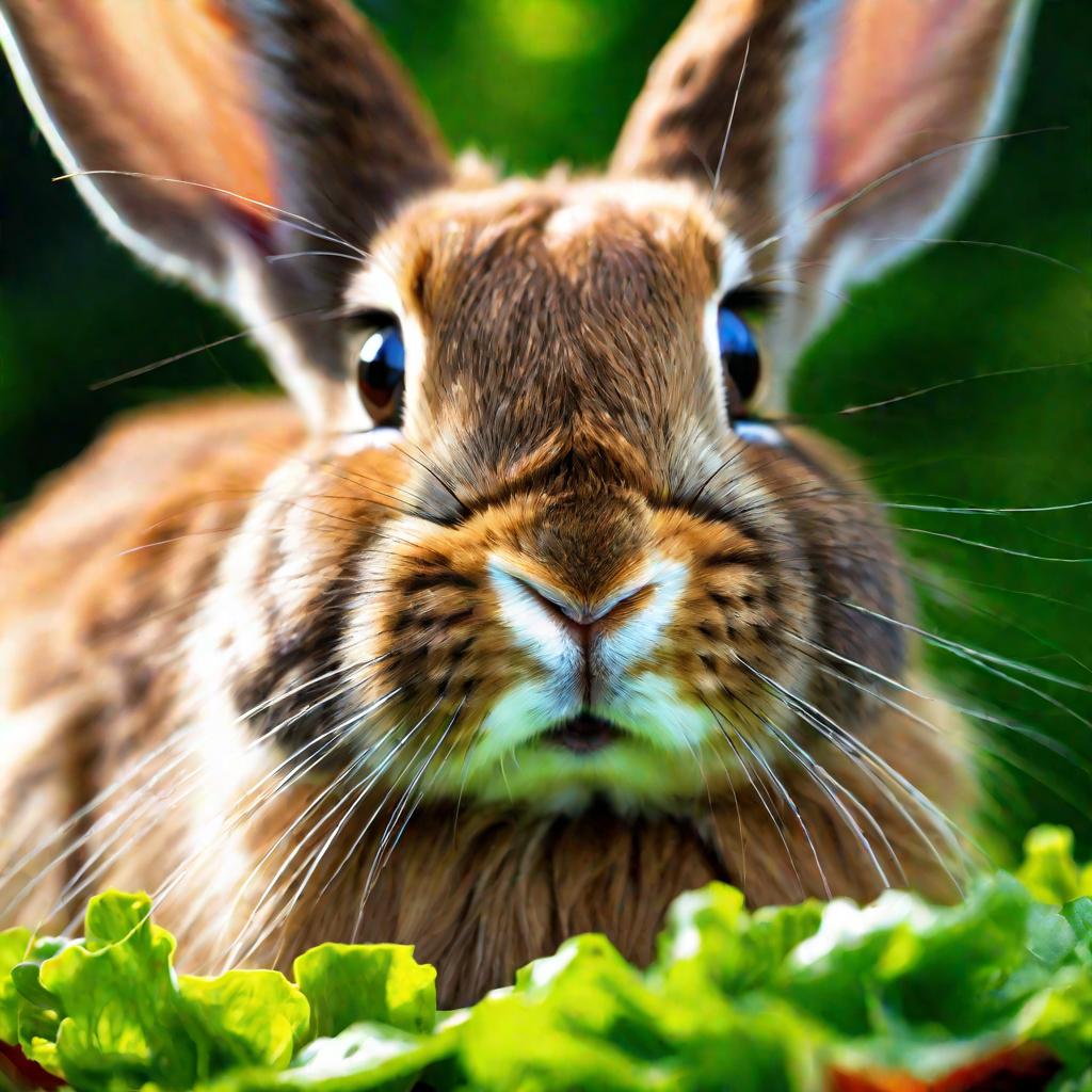 Пушистый кролик ест зелень и гранулы
