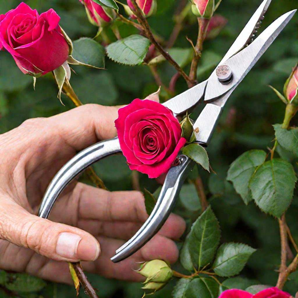 Женские руки держат секатор и черенок розы
