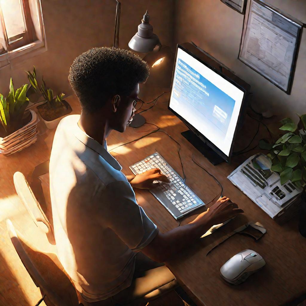 Мужчина сидит за столом перед компьютером, хмурясь в раздумье, пока просматривает варианты восстановления системы на экране. Солнечный свет льется из расположенного рядом окна, создавая естественное теплое сияние на всей сцене. У изображения ощущение наде