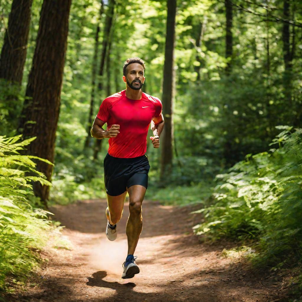 Мужчина бежит по лесной тропе
