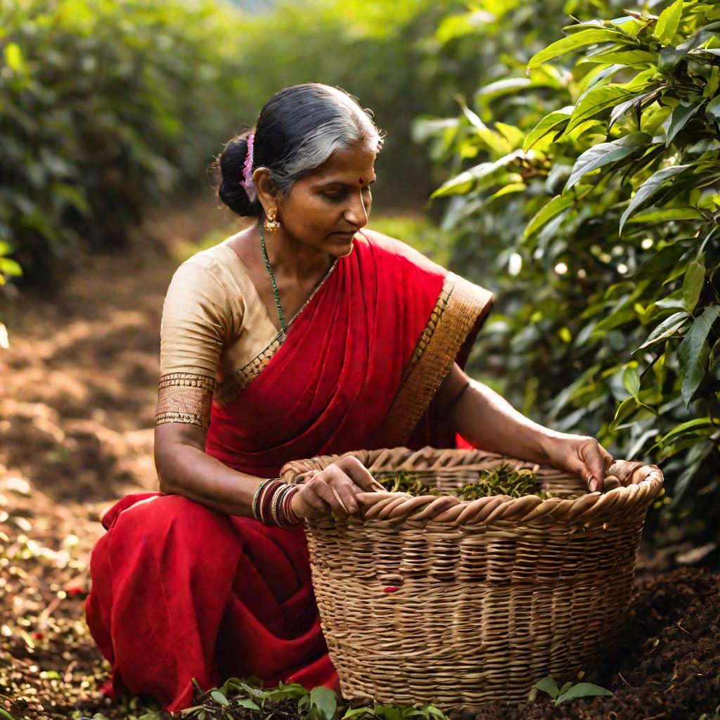 Женщина в красном сари собирает чай вручную