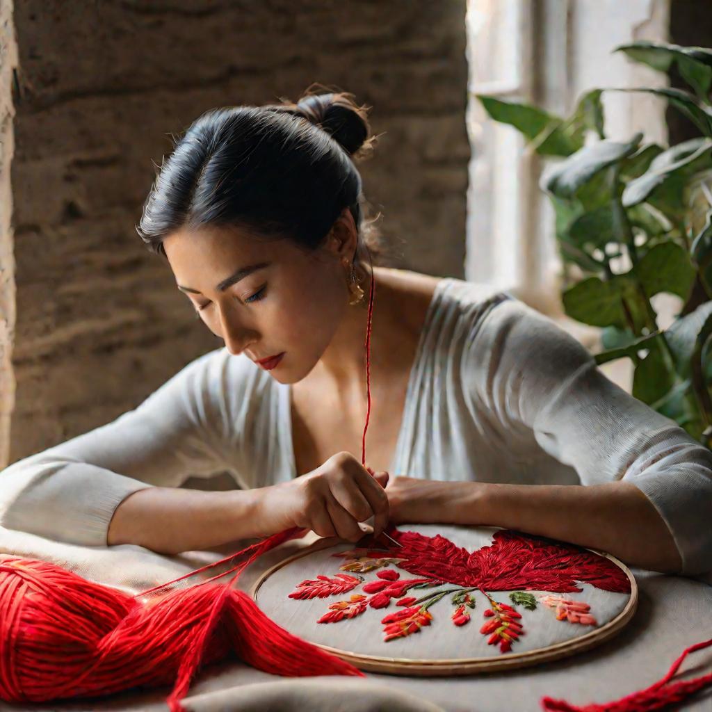 Женщина, внимательно вышивающая цветочный гобелен.