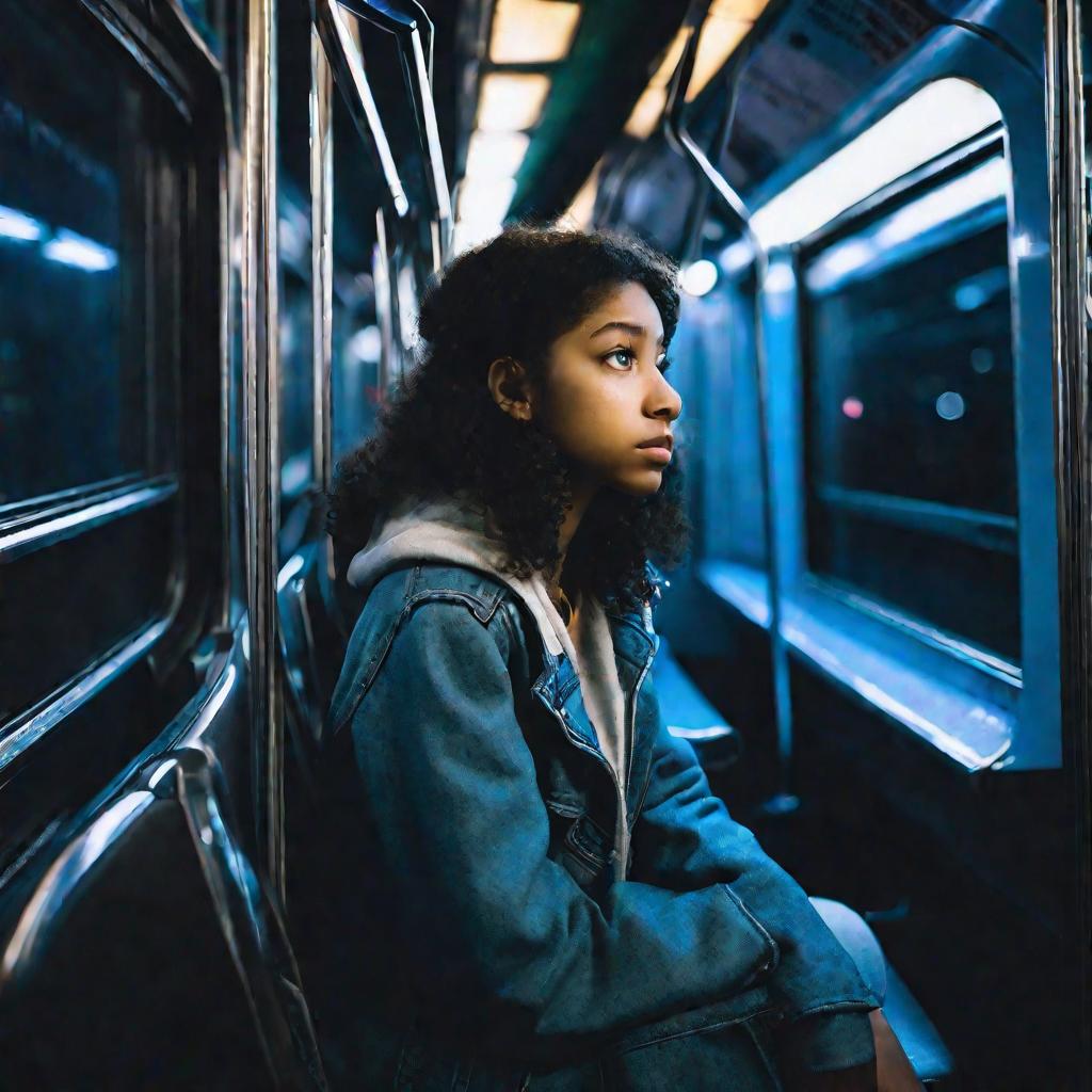 Портрет девушки-подростка в метро ночью.