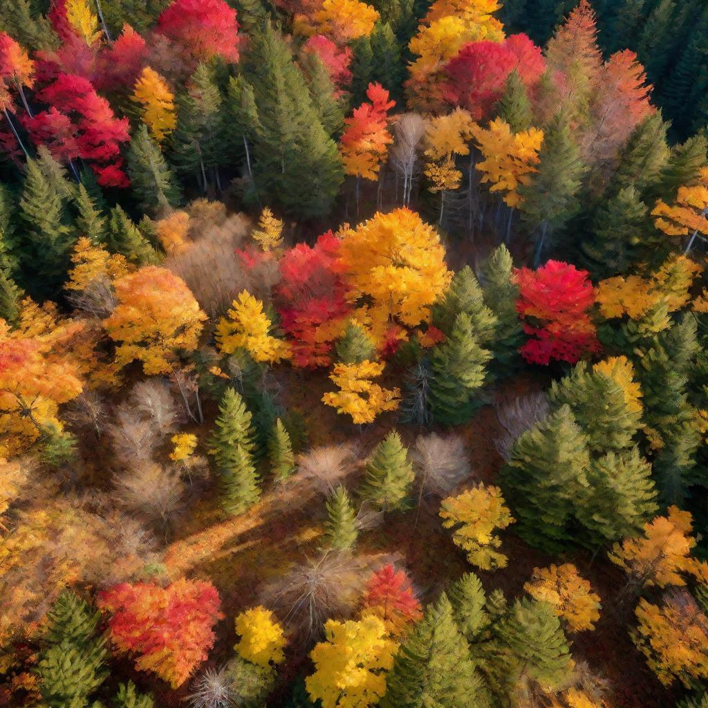Вид сверху на осенний лес с красно-желтыми листьями. На земле растут лисички.