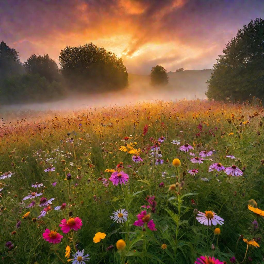 Поле с цветами на закате перед сбором пыльцы