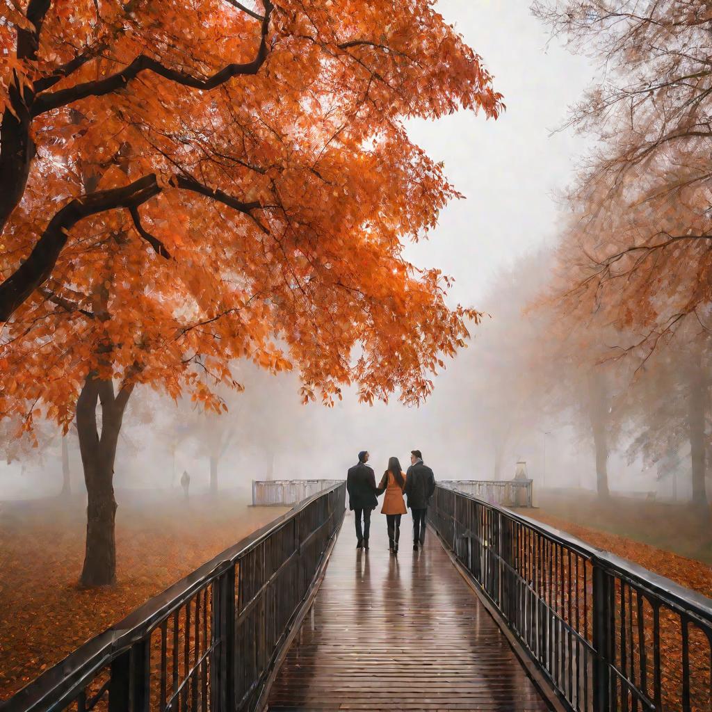 Вид сверху на разговаривающую пару на мостике в парке в туманное осеннее утро