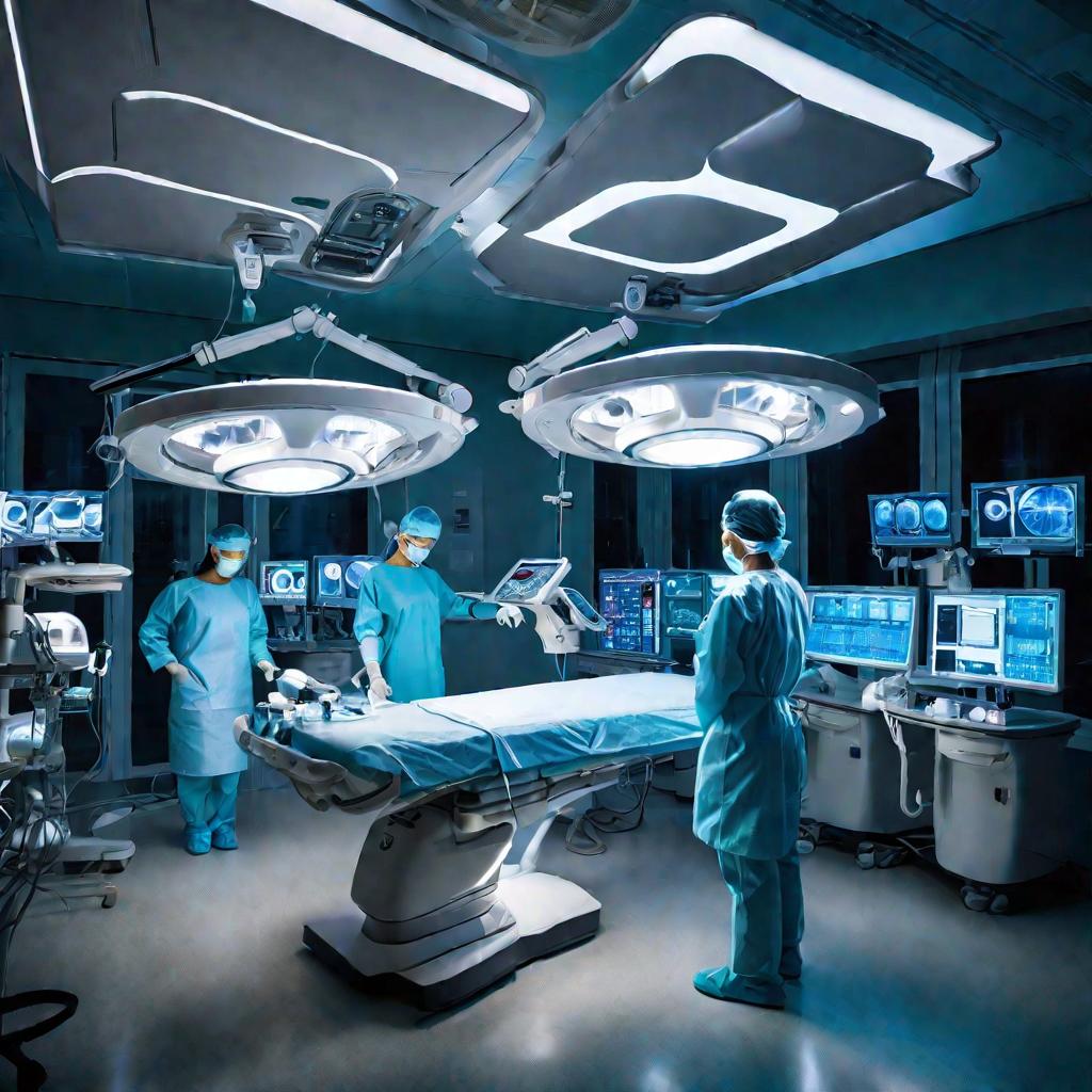 Операционная команда делает роботизированную трансплантацию органов ночью