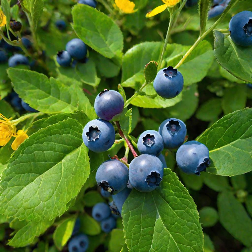 Куст черники, усыпанный спелыми синими ягодами посреди летнего цветущего луга. Мягкое пестрое освещение сквозь листву.