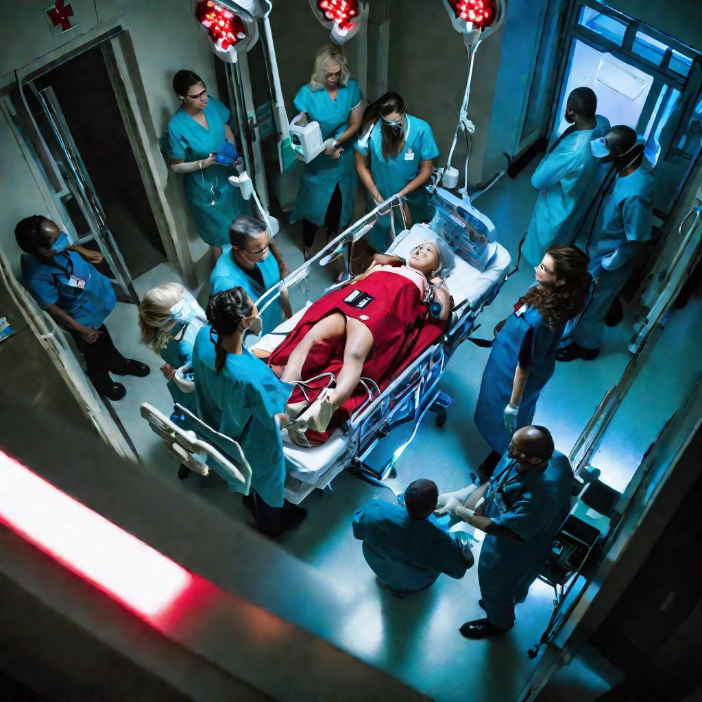 Пациента срочно везут по больничному коридору