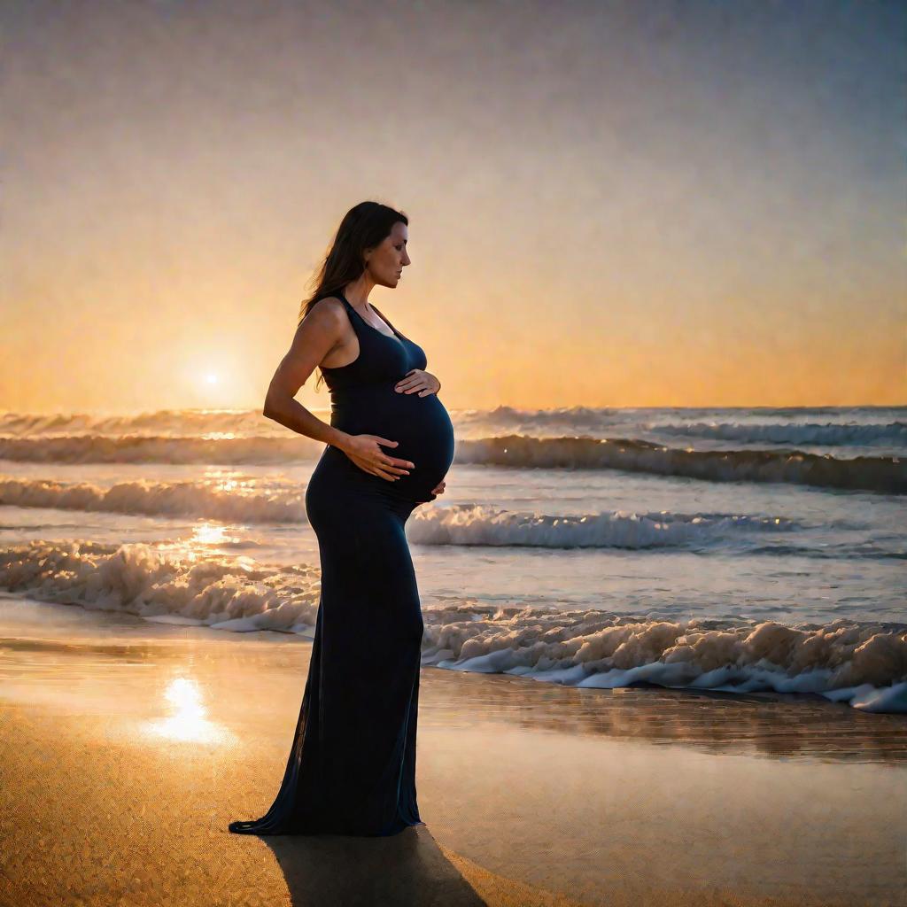 Беременная женщина на пляже при восходе солнца