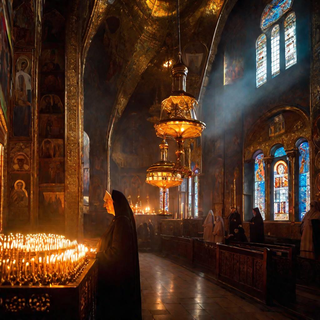 Пожилые прихожанки в платках молятся при свечах в освещенном лучами церкви