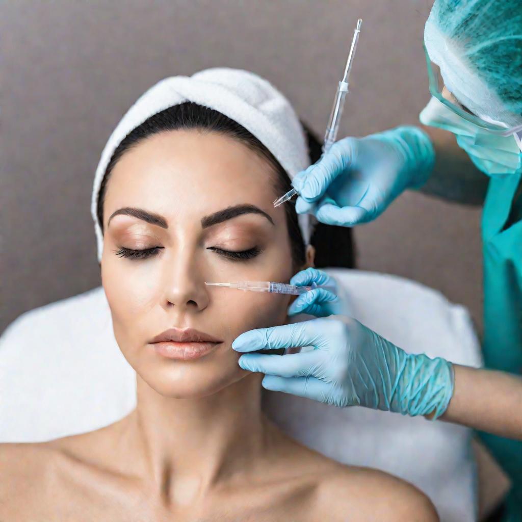Женщина делает инъекции филлера под глаза у косметолога в медицинском кабинете