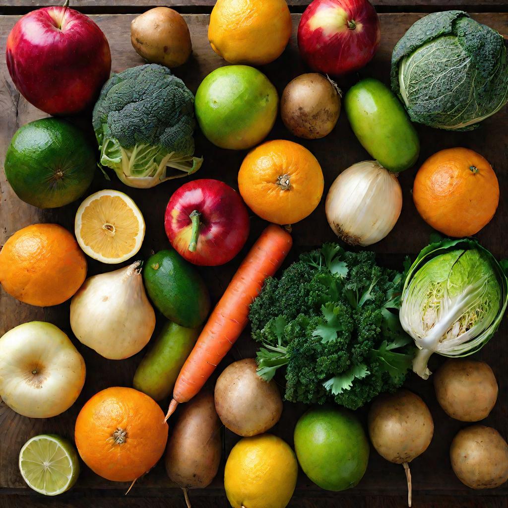 Зимние фрукты и овощи на деревянном столе.