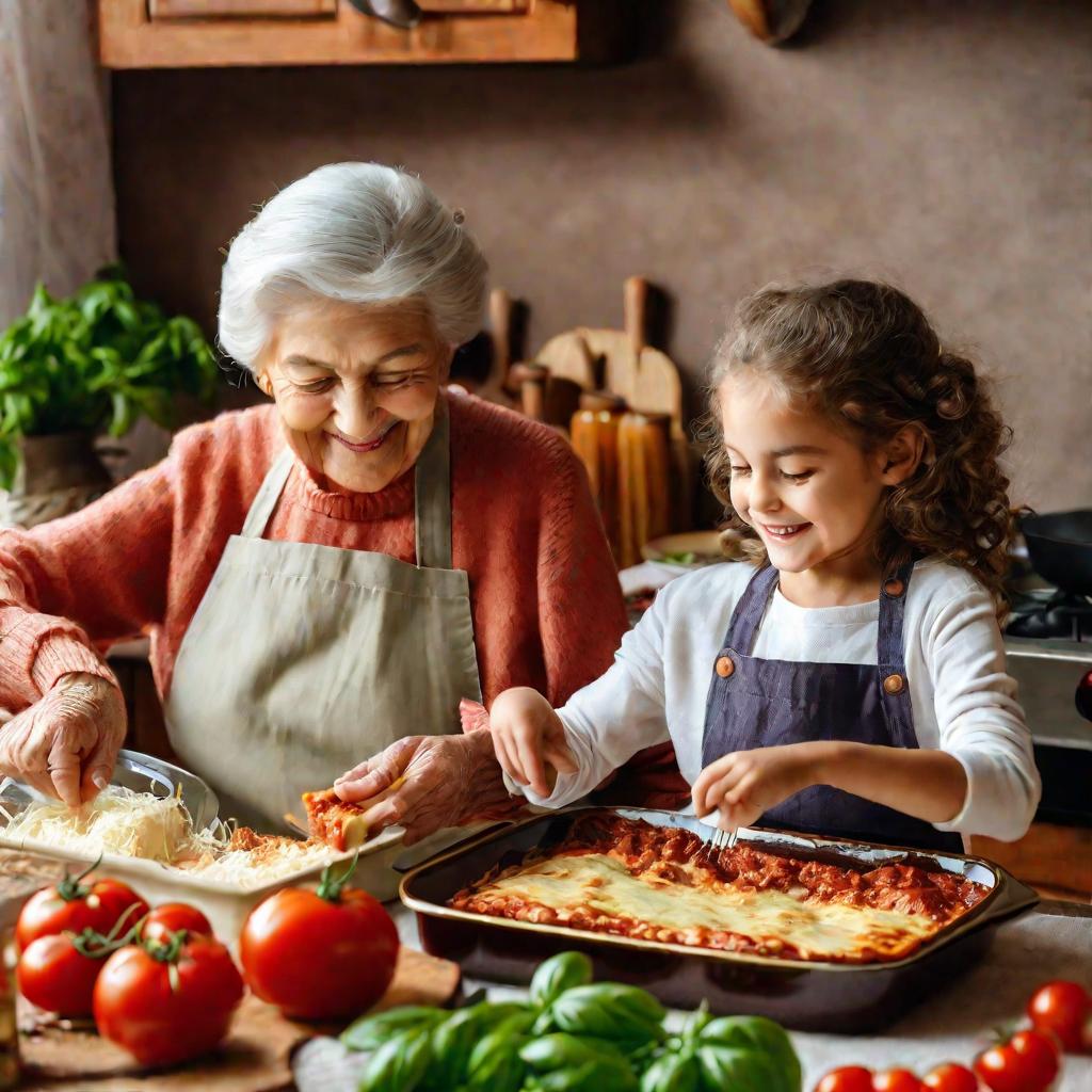 Бабушка и внучка готовят лазанью с баклажанами