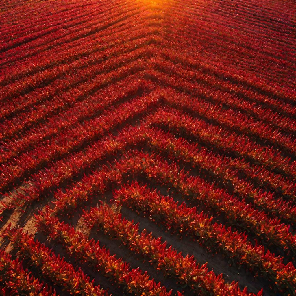 Изображение: вид сверху на поле с растениями перца чили и красными плодами при восходе солнца