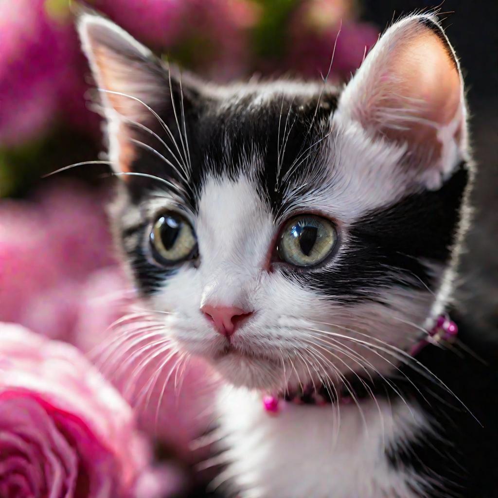 Черно-белый котенок в розовом ошейнике