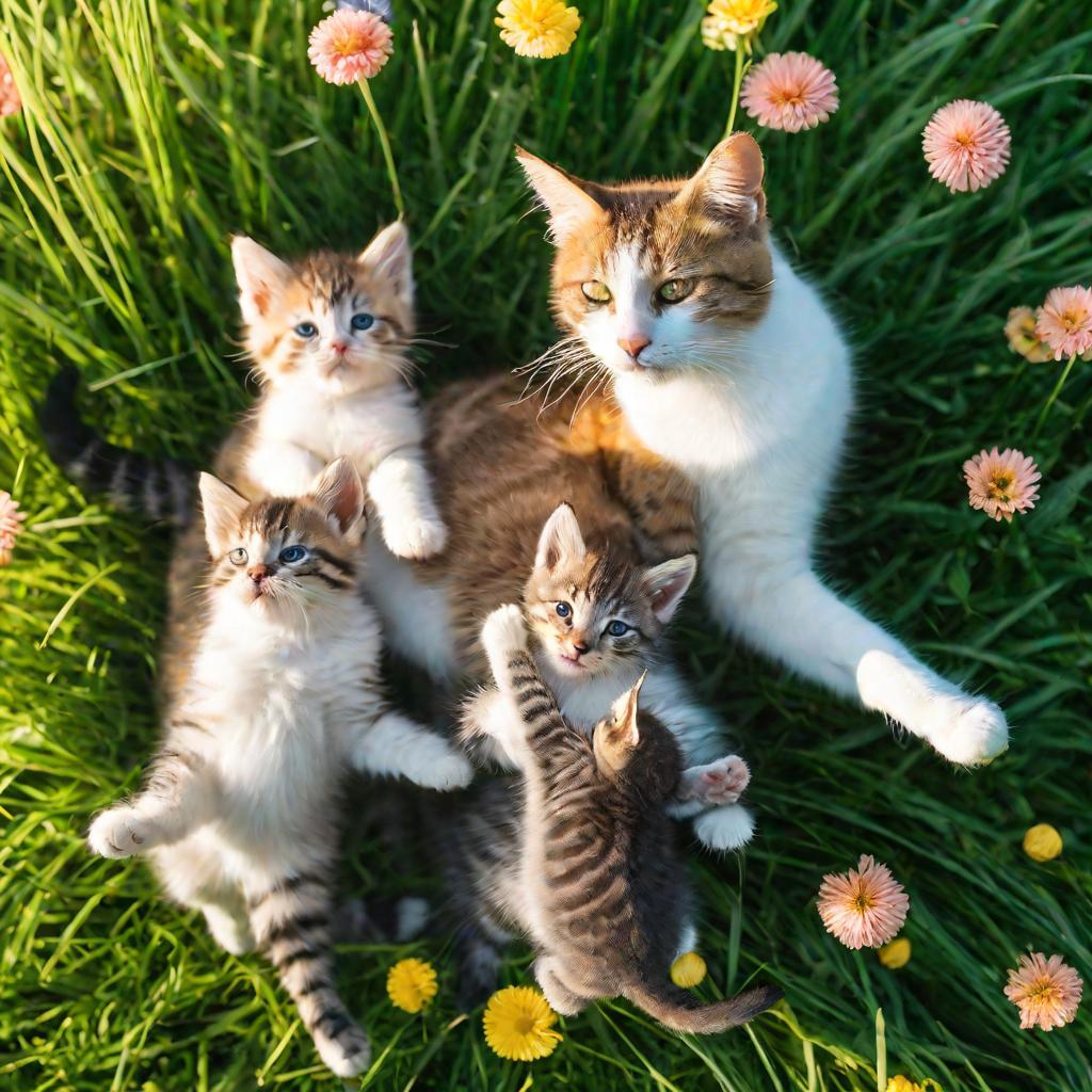 Мать-кошка с котятами на лужайке.
