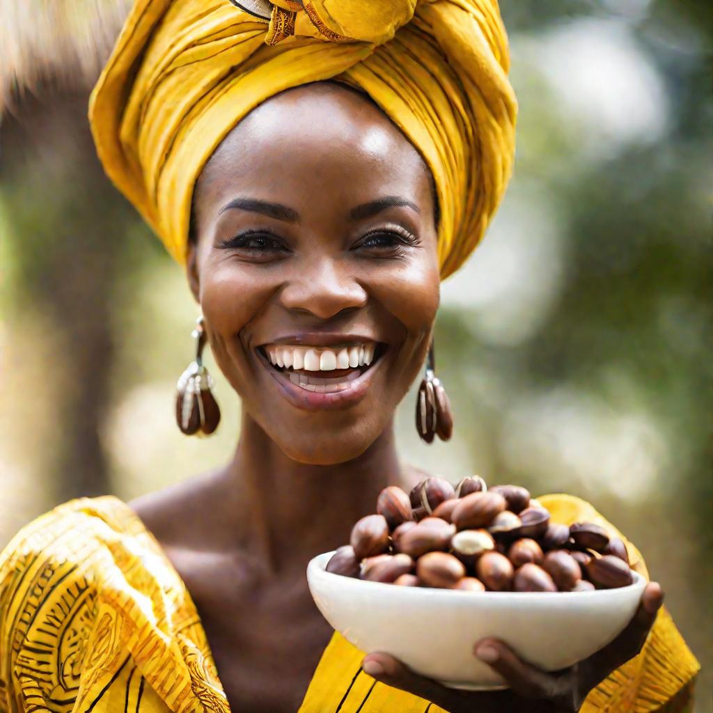 Крупным планом африканская женщина в желтом платке с чашей орехов ши