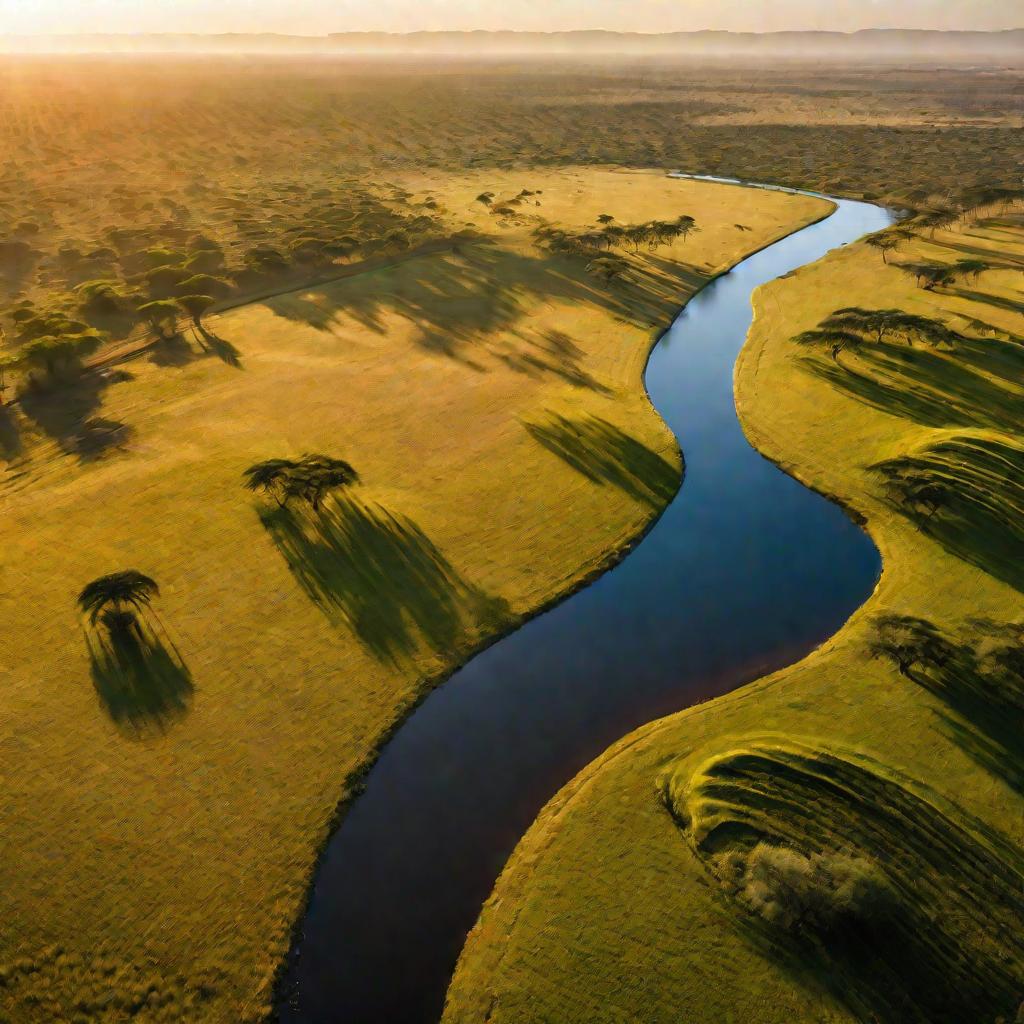 Вид сверху на африканский пейзаж с рекой в золотые часы