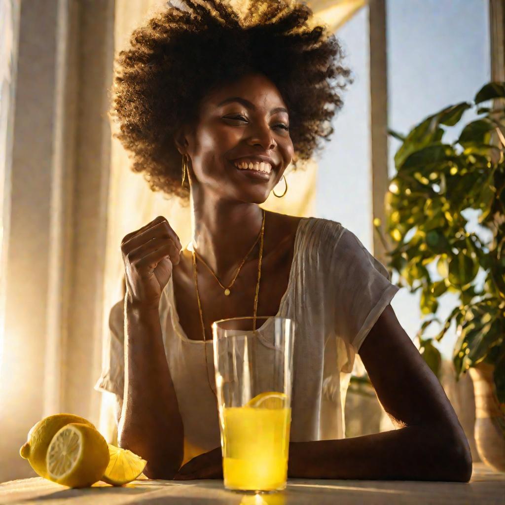 Женщина смотрит на стакан лимонной воды
