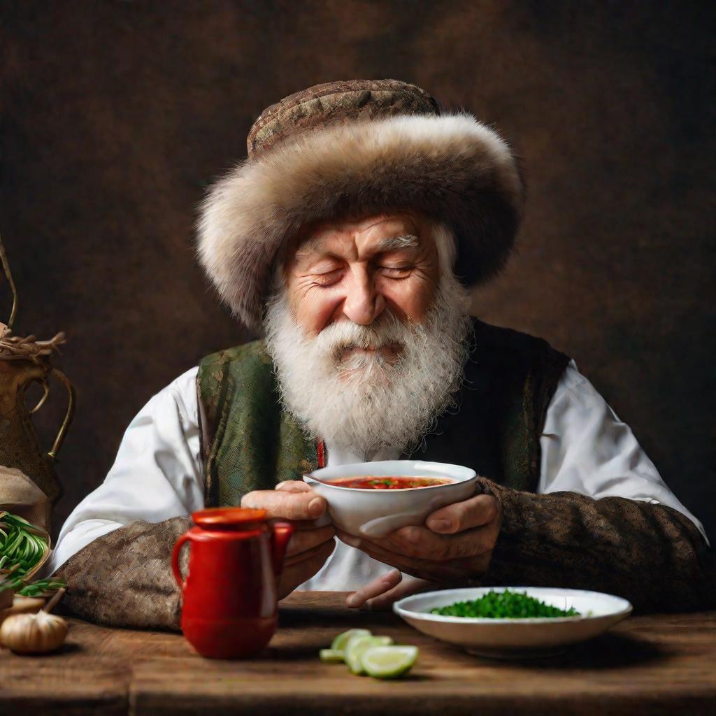 Пожилой бородатый мужчина в меховой шапке с закрытыми глазами нюхает ароматный борщ.