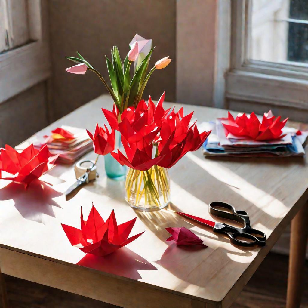 Мастерская с оригами цветами на столе