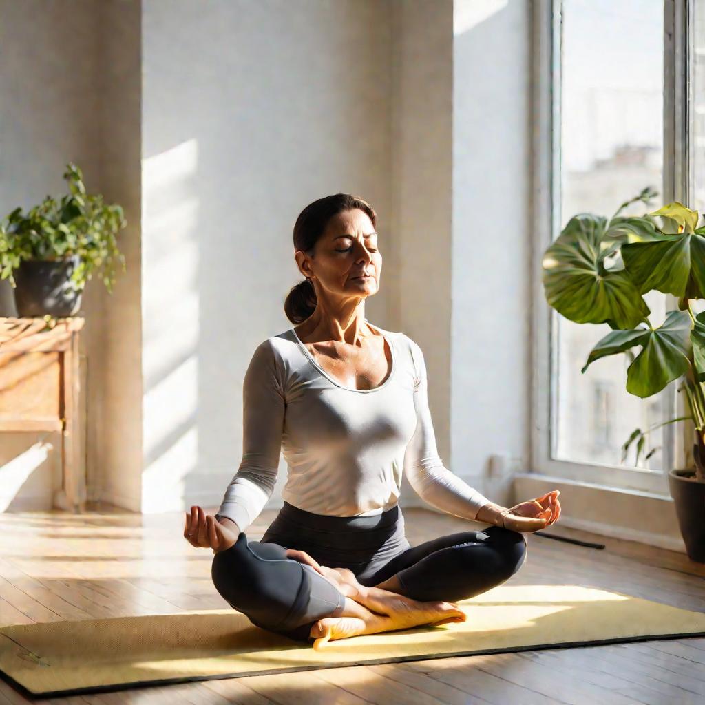 Женщина медитирует утром на йога мате